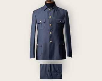 Complete navy blue military style suit with gold buttons