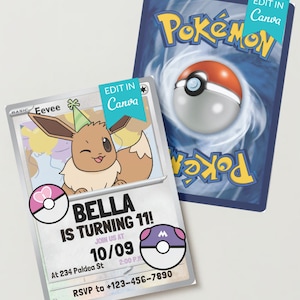 Canva Bearbeitbare Evoli Pokemon Karte Geburtstag Party Einladungen Sofortiger Download DIGITAL