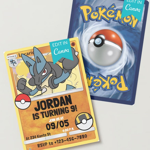 Canva Editable Lucario Pokemon Card Birthday Party Invitations Instant Download DIGITAL