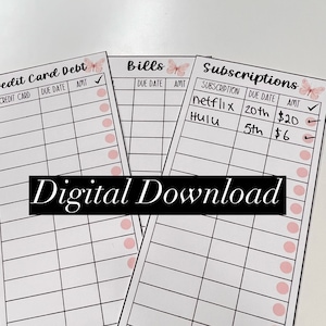 Puede incluir: Un rastreador de presupuesto imprimible con secciones para la deuda de la tarjeta de crédito, las facturas y las suscripciones. Cada sección tiene columnas para la fecha de vencimiento, el monto y una casilla de verificación. El mes es enero.