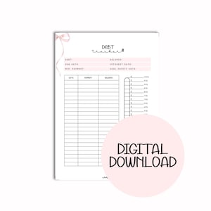 Op de afbeelding: Een witte, bedrukbare schuldentracker met roze accenten en een roze strik. De tekst "Debt Tracker" staat bovenaan, met velden voor schuld, vervaldatum, saldo, rente en doelbetaaldatum. Een roze cirkel met "DIGITAL DOWNLOAD" staat onderaan.