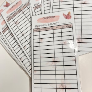 May include: A set of six printable budget trackers with a pink watercolor background and butterfly illustrations. Each tracker has columns for date, description, plus or minus, and balance.
