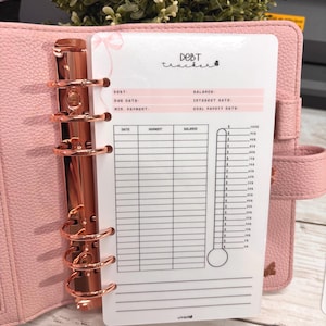 May include: A pink planner with rose gold hardware and a "Debt Tracker" insert. The insert has a pink header with fields for debt, due date, and balance. A thermometer graphic is on the right side of the insert, with a scale from $0 to $1000.