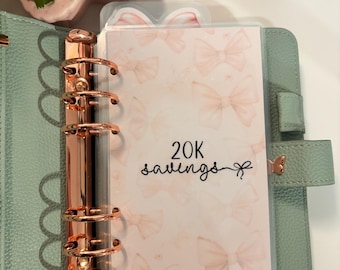 May include: A mint green planner with rose gold hardware and a cover featuring a bow pattern. The planner insert reads "20K savings". Decorative butterfly accents and the text "@ezbudgets" are also visible.