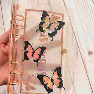 Carpeta de presupuesto con mariposas / Carpeta de presupuesto A6, Carpeta de presupuesto oro rosa / Carpeta de presupuesto con purpurina / Carpeta de presupuesto con sobres para efectivo /