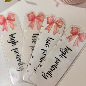 A6 Sparkly Bow Bookmarks,  High Priority Bookmark, Low Priority Bookmark, Binder Bookmarks, Set of 2, Holographic bookmarks