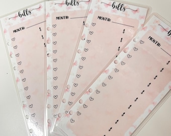 May include: Four pink and white printable bill tracker pages with the word "bills" and "MONTH:" at the top of each page. Each page has a line for the month and a column for dollar amounts. The pages are decorated with small hearts and a watercolor background.