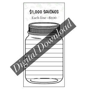 Pode incluir: Ilustração em preto e branco de um frasco de vidro com tampa. O frasco é dividido em 10 seções, cada uma representando 100 €. O texto "1.000 € DE POUPANÇA" e "Cada linha = 100 €" está acima do frasco.