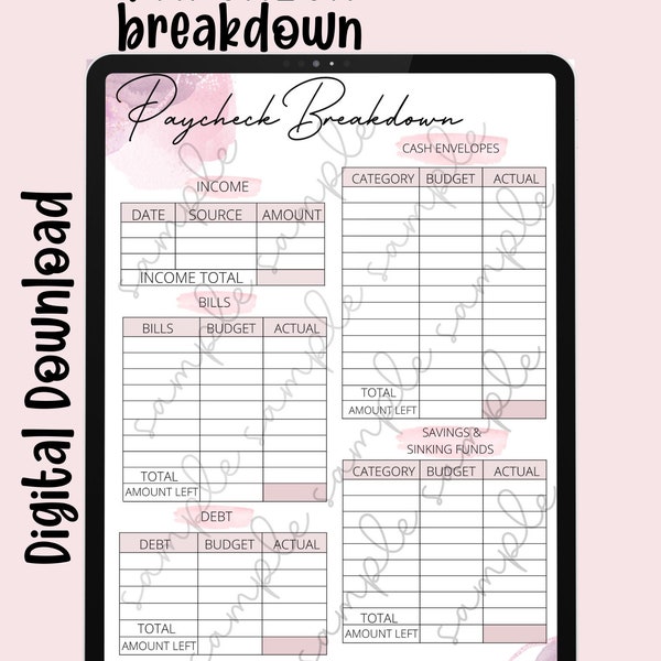 Paycheck Breakdown, Paycheck Budget Breakdown, Digital Download, Printable, Budgeting Essentials