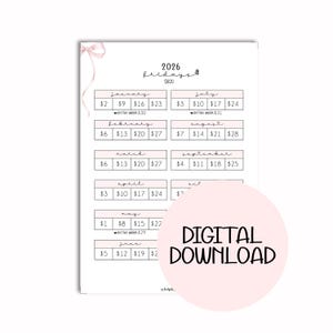 Puede incluir: Un planificador presupuestario imprimible de 2026 con un lazo rosa y el texto "DESCARGA DIGITAL". El planificador es blanco con casillas rosas para cada mes, que enumeran las fechas y los importes. También se ve el texto "fridays" y "$820".