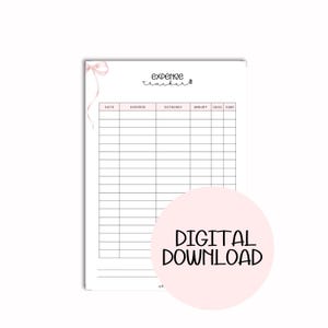 May include: A white expense tracker sheet with a pink bow and the words "expense tracker" at the top. The sheet has columns for date, expense, category, amount, cash, and card. A pink circle with "DIGITAL DOWNLOAD" is at the bottom.
