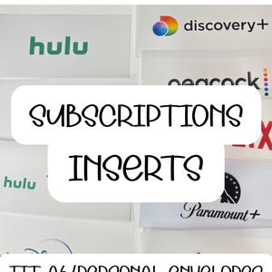 May include: White inserts for A6/Personal envelopes, featuring logos for streaming services like Hulu, Discovery+, Peacock, and Paramount+. The text "SUBSCRIPTIONS INSERTS" is displayed prominently.