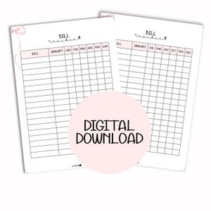 Pode incluir: Duas folhas brancas de rastreamento de contas com detalhes em rosa e um laço rosa. As folhas têm um layout de grade para rastrear contas e valores. O texto "BILL tracker" e "DIGITAL DOWNLOAD" são visíveis.