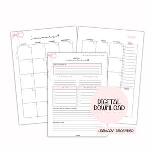 May include: A collection of printable planner pages with a pink bow and text. The pages include a monthly calendar, a monthly reflection sheet, and a weekly planner. The text includes "January", "Monthly Reflections", and "Digital Download".