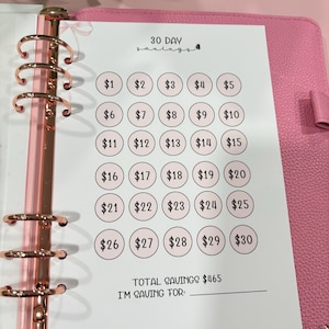 May include: A pink savings tracker sheet with a 30-day savings challenge. The sheet includes circles with dollar amounts from $1 to $30, totaling $465. The sheet is in a pink binder with gold rings.