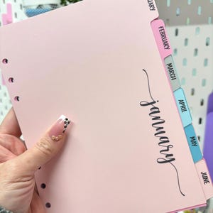 May include: A light pink planner divider page with a series of six colorful tabs labeled January, February, March, April, May, and June. The word January is printed in a black cursive script on the front of the page, which has three holes.
