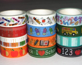 Back to School 24 Inch Washi Tape Samples Embellishment Scrapbooking Planner Tape Junk Journal Card Tag Making Bus Crayons, Ruler, Apple T49