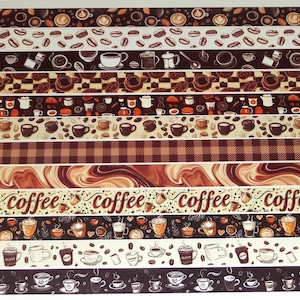 May include: A set of 12 washi tapes featuring a coffee theme. The tapes have various patterns, including coffee cups, coffee beans, and the word "coffee".
