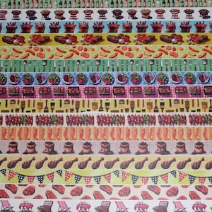 May include: A decorative paper roll featuring a repeating pattern of barbecue-themed illustrations. The design includes images of grills, food, and picnic items in various colors. The roll is ideal for crafting or gift wrapping.