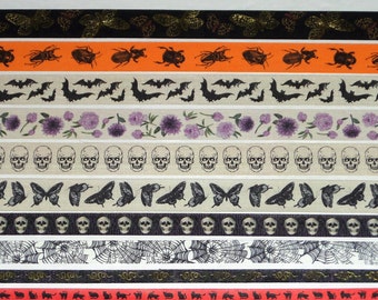 Halloween, 24 Inch Washi Tape Samples, Embellishment Scrapbooking Planner Tape Junk Journal Card Tag Making, Skull, Bugs, Moth, Bat, Web O14