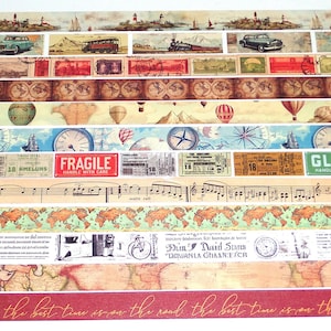 May include: Assortment of colorful washi tapes with travel and vintage themes. The tapes feature images of maps, globes, hot air balloons, airplanes, trains, clocks, musical notes, and tickets. The text on the tapes includes "Fragile", "Handle with Care", "Glass", "18 HMELUNS", "The Dubliners", and "Le road, the best time is on the road".