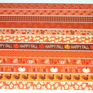May include: Assortment of colorful washi tapes with fall-themed designs. The tapes feature pumpkins, squirrels, leaves, turkeys, and the text "Happy Fall" and "Pumpkin Everything".