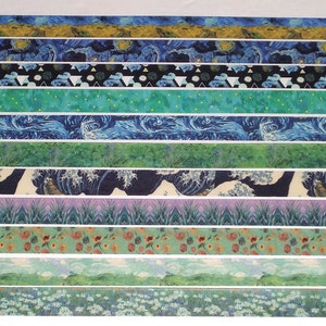 May include: A set of 12 washi tapes featuring various artistic designs, including a starry night sky, green grass, and a wave pattern. The tapes are all different colors and patterns, and they would be perfect for adding a touch of creativity to any project.