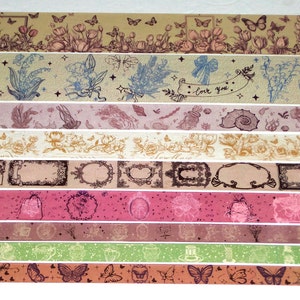 May include: A set of ten decorative washi tapes featuring various floral, geometric, and whimsical designs. The tapes are in a variety of colors, including pink, blue, green, and brown. The tapes are perfect for adding a touch of personality to journals, planners, and other craft projects.