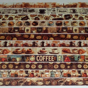 May include: Decorative washi tape featuring coffee-themed designs. The tape showcases various coffee cups, coffee pots, pastries, and the word "Coffee". The color palette includes shades of brown, beige, and cream, with some accents of blue and red.