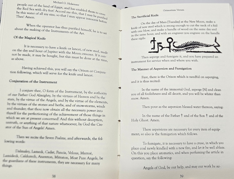 May include: A page from a book about the magical knife, a ritualistic knife used in ancient magic. The page includes instructions on how to make the knife, the day and hour it should be made, and the incantations to be used. The page also includes a drawing of the knife and its sigils.