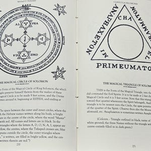 May include: Two open pages from a book on esotericism, displaying the Magical Circle and Triangle of Solomon. The circle is 2.74 metres across, with Hebrew text and star symbols. The triangle is 0.91 metres across, with text and a central circle. The illustrations are in black and white.