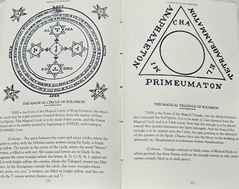 May include: Two open pages from a book on esotericism, displaying the Magical Circle and Triangle of Solomon. The circle is 2.74 metres across, with Hebrew text and star symbols. The triangle is 0.91 metres across, with text and a central circle. The illustrations are in black and white.