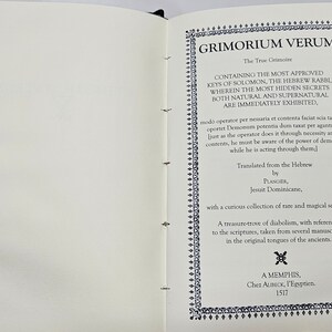 May include: A vintage book titled "Grimorium Verum: The True Grimoire" with an ornate black border. The book contains a collection of rare and magical secrets, including the keys of Solomon, the Hebrew Rabbi. The book was translated from the Hebrew by Plangier, Jesuit Dominicane, and published in 1517.