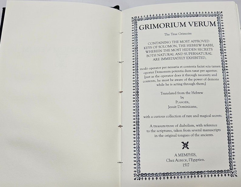 May include: A vintage book titled "Grimorium Verum: The True Grimoire" with an ornate black border. The book contains a collection of rare and magical secrets, including the keys of Solomon, the Hebrew Rabbi. The book was translated from the Hebrew by Plangier, Jesuit Dominicane, and published in 1517.
