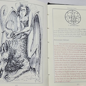 May include: A black and white illustration of a demon riding a dragon. The demon has wings and is holding a snake in its left hand. The text "Astaroth" is written in a circle above the demon. The text below the image reads "Astaroth (also Ashtaroth) is a Duke of Hell who appears as an ugly angel riding a dragon and holding a viper in his left hand. He knows of past and future events, secret things, and the story of creation and the fall of the angels. Astaroth holds forty LEGIONs of demons under his command."