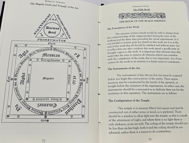 May include: A black and white illustration of a magic circle and triangle with text in Latin. The text includes the words "Daemon Seal", "Primeumaton", "Messias", "Tetragramaton", "Alpha", "Magister", "Elfelber", "et.&omega;", "West", "East", "South", "Panthon", and "Grimorium".