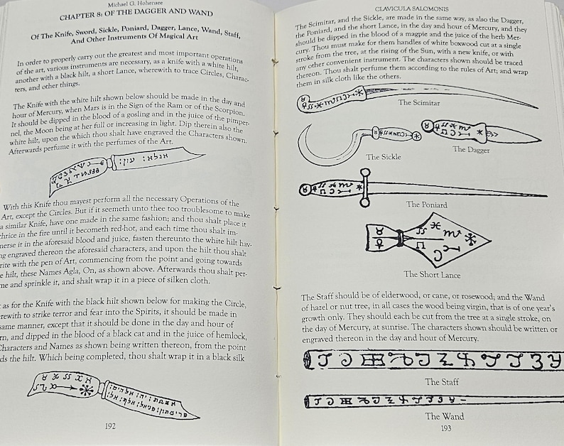 May include: An open book with text and illustrations. The left page discusses a knife and magical art, with a drawing of a knife. The right page displays illustrations of magical tools, including a scimitar, sickle, dagger, and lance.
