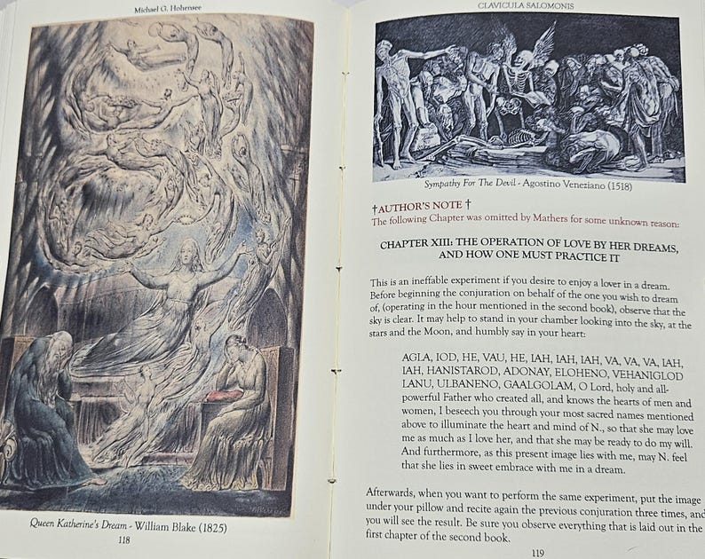 May include: Open book with illustrations and text. One page features a William Blake artwork, "Queen Katherine's Dream." The opposite page displays a black and white illustration and text from "Clavicula Salomonis."