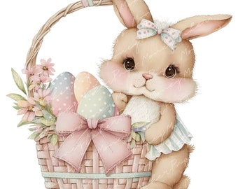 Cute Easter Bunny PNG, Girl Bunny Instant Download, Easter Basket Digital Design, Watercolor Easter Clipart, Easter Design Wall Art, Pastel