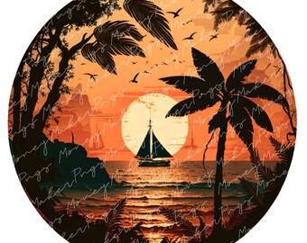Retro Sunset Png, Vintage Sunset Clipart, Beach Palm Tree SIlhouette Digital Download, Sunset Background Image, pod commercial lisence
