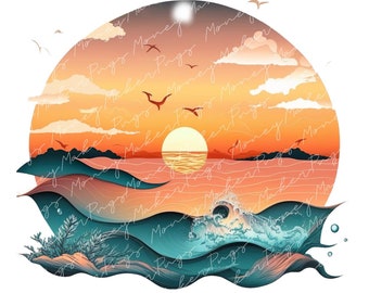 Colorful Tropical Sunset Sunrise PNG, Palm Tree png, Vintage Retro Sunset, Retro Vintage Clipart, Retro png, Digital Download Commercial use