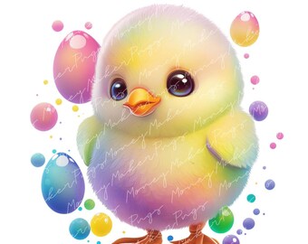 Lindo bebé pollito en burbujas arte imprimible impresiones, colorido bebé pollito ilustración, Pascua bebé pollito diseño digital, baño de burbujas Clip Art