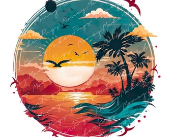 Colorful Tropical Sunset Sunrise PNG, Palm Tree png, Vintage Retro Sunset, Retro Vintage Clipart, Retro png, Digital Download Commercial use