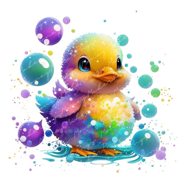 Cute Baby Duckling in Bubbles Printable Art Prints, Colorful Baby Duck Illustration, Rubber Ducky Digital Design, Bubble Bath Clip Art