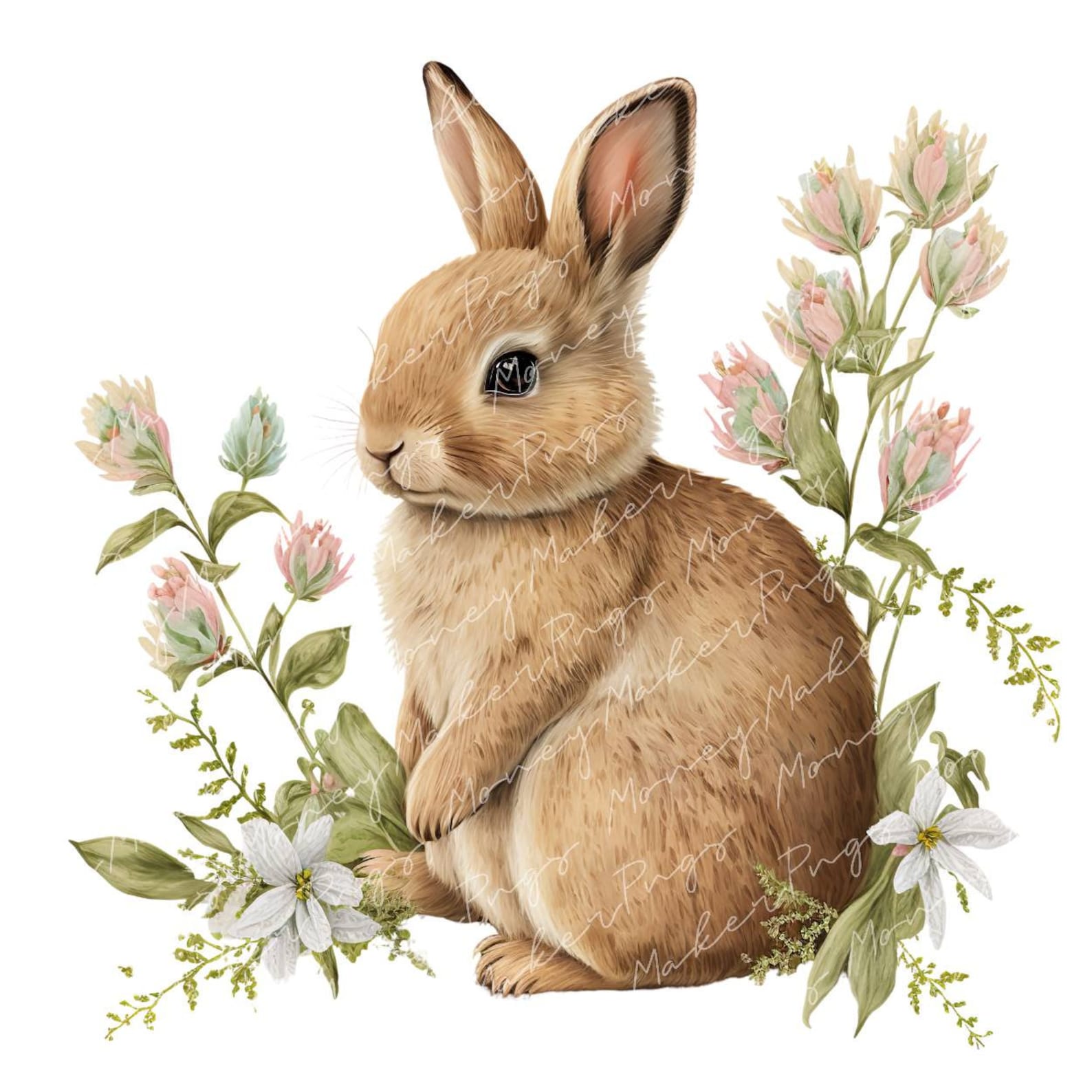 Watercolor Bunny PNG, Easter Bunny With Wildflowers Clipart, Classy ...