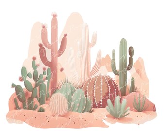 Pink Cactus Png, Boho Desert Clipart, VSCO Digital Download, Sunset Background Image, pod licencia comercial