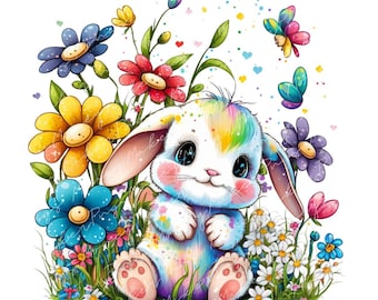Lindo conejito de Pascua png, descarga de diseño de Pascua, día de Pascua png, conejito de Pascua con flores png, diseños descargar pintar flores coloridas