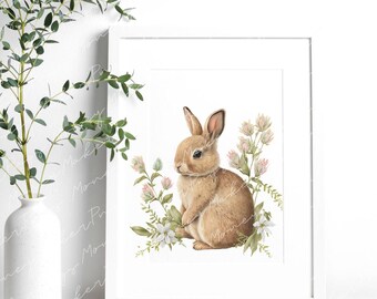 Conejito de acuarela PNG, conejito de Pascua con imágenes prediseñadas de flores silvestres, arte de pared de Pascua con clase, diseño digital de Pascua, elegante conejito de Pascua de acuarela