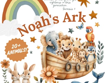 Paquete PNG del arca de Noé, clipart religioso de acuarela, lindos gráficos de animales, arte de pared decorativo para la escuela dominical, diseño de arcoíris de Noé de la Biblia cristiana