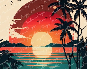 Retro Sunset Png, Vintage Sunset Clipart, Beach Palm Tree SIlhouette Digital Download, Sunset Background Image, pod commercial lisence